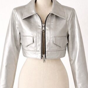 Mango Metallic Silver Cropped Leather Jacket